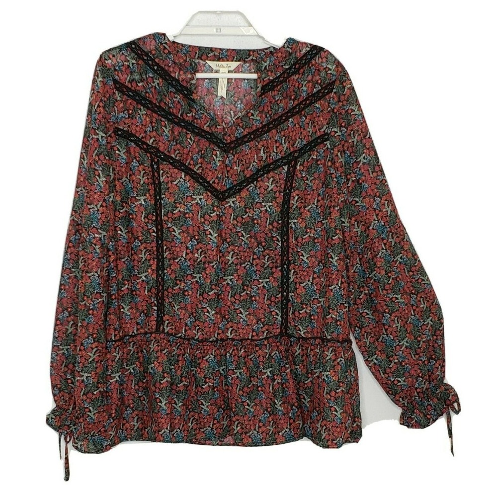 Matilda Jane Top Small Long Sleeve Red Floral Print V-Neck Babydoll Blouse